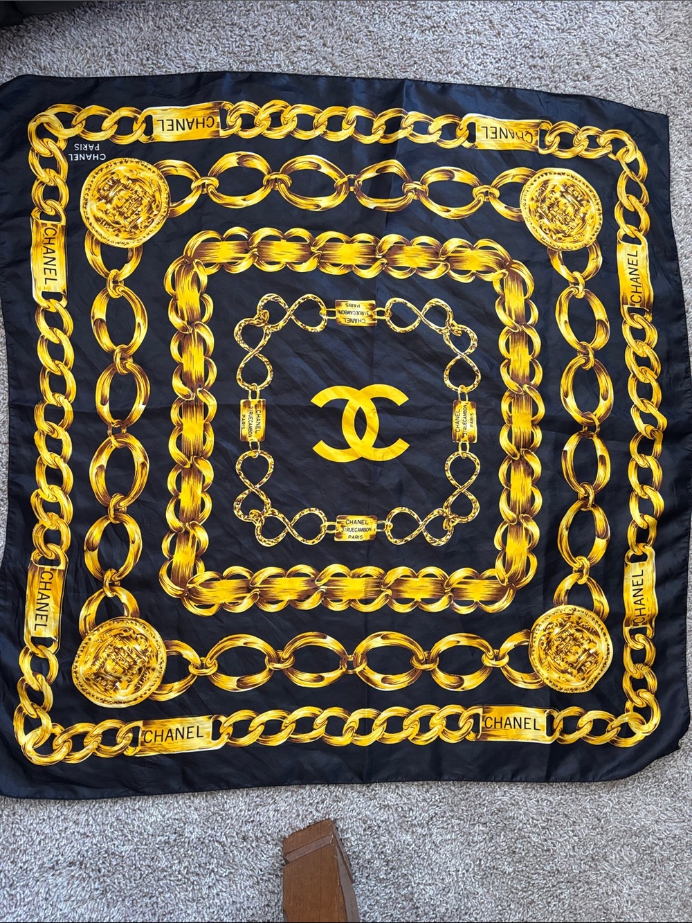 CHANEL PARIS Black with Gold Chain Motif Silk Scarf